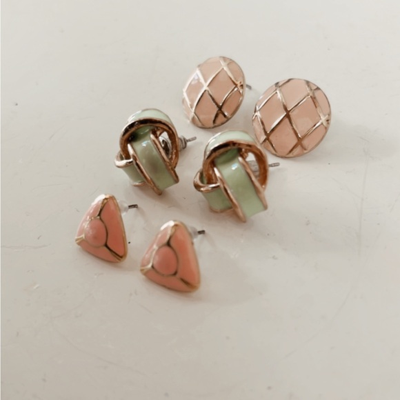 Vintage Enamel Gold Statement Earrings Knot Braided Geometric Stud Pink Green - Picture 7 of 8